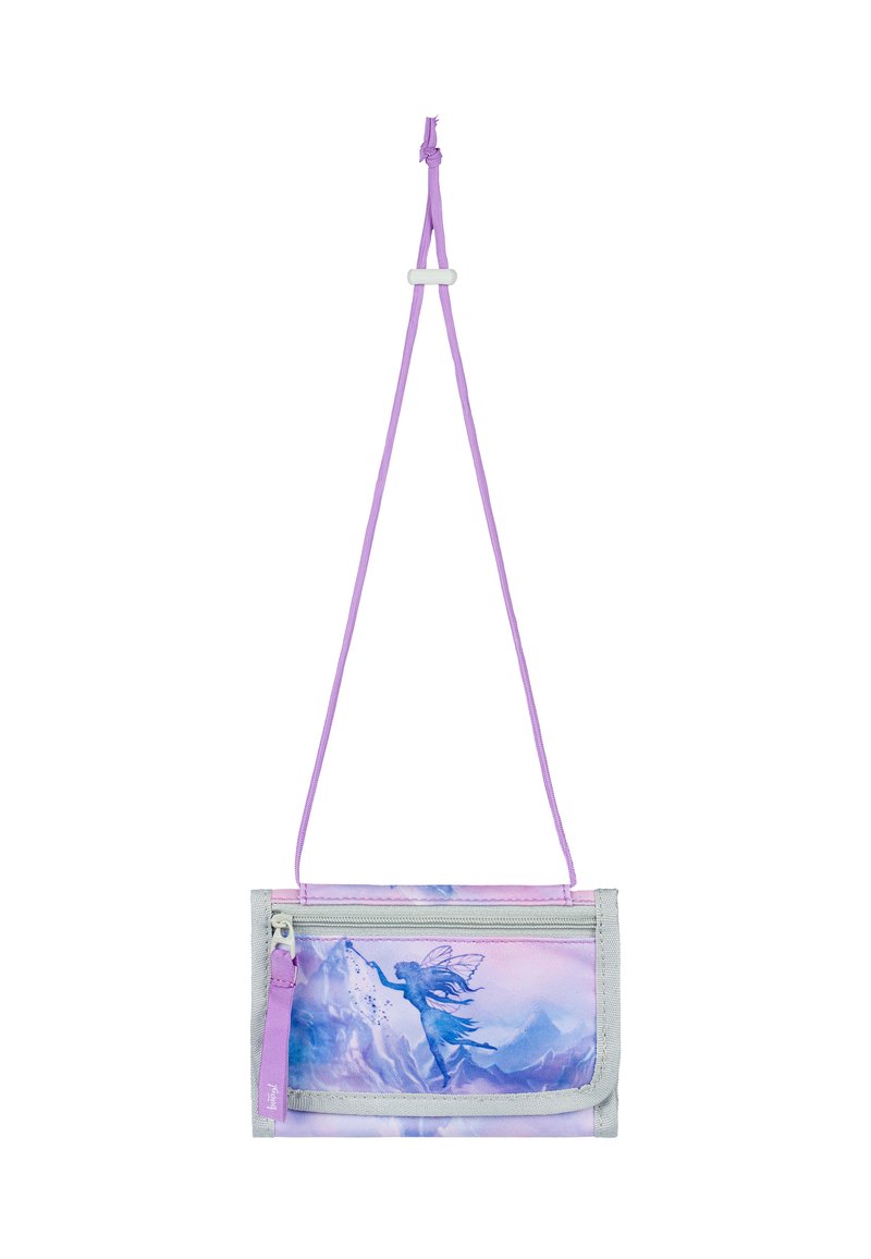 Purple and gray crossbody pouch made of fabric, featuring a fairy illustration against a mountain backdrop, with a zippered pocket.