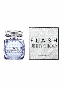 Tydlig glasflaska med en fasetterad design och silverlock; etiketten läser "FLASH JIMMY CHOO." Inkluderar en silverglittrande låda.