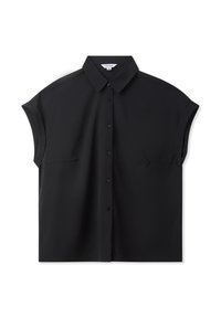 Camicia nera a maniche corte realizzata in tessuto liscio, con chiusura a bottoni, colletto e due tasche frontali. Design a vestibilità rilassata.