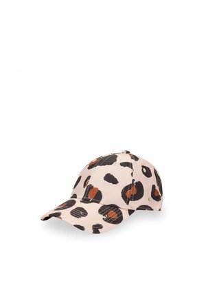 Casquette de baseball avec fond beige et motif taches de léopard noir et marron irrégulier.