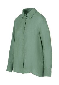 Camicia button-up in lino verde con colletto, maniche lunghe e vestibilità rilassata. Presenta una fila di bottoni sulla parte anteriore e polsini con bottone.