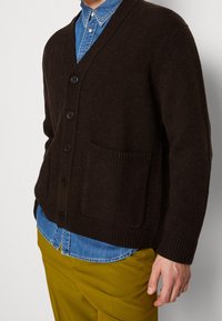Brązowy kardigan wełniany z dekoltem w serek, pięcioma guzikami i kieszenią z przodu. Noszony na niebieskiej koszuli dżinsowej i żółtych spodniach. Teksturowana dzianina.
