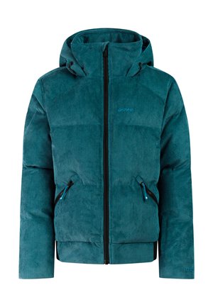 Blauwgroene corduroy gewatteerde jas met capuchon, volledige ritssluiting aan de voorkant en ritssluitingen aan de zijzakken, ontworpen voor koud weer.