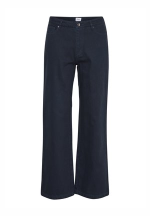 Jeans largi de culoare albastru închis, din denim. Prezintă buzunare frontale, un sistem de închidere cu buton și un design simplu, fără embellishments suplimentare.