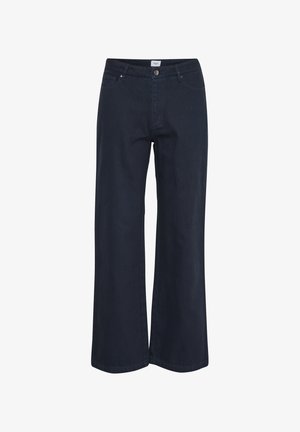 Szerokie ciemnoniebieskie dżinsy wykonane z denimu. Posiadają przednie kieszenie, zapięcie na guzik oraz prosty design bez dodatkowych ozdobników.