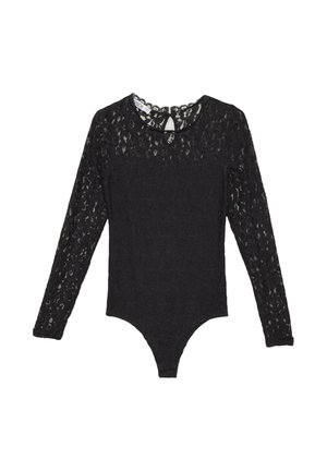 Body negro de manga larga hecho de encaje, con escote redondo, cierre en forma de ojo de llave en la parte posterior y fondo ajustado con corte alto.