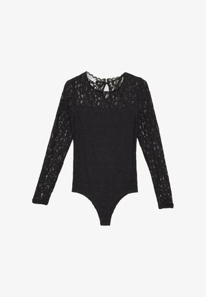 Body negro de manga larga hecho de encaje, con escote redondo, cierre en forma de ojo de llave en la parte posterior y fondo ajustado con corte alto.