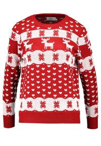 Pull en tricot rouge avec des motifs de rennes blancs, cœurs et flocons de neige. Encolure ronde classique et manches longues. Ourlet et poignets côtelés.