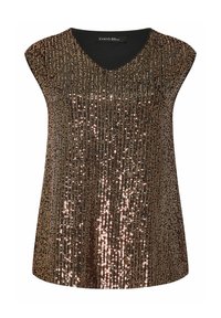 Top sin mangas de bronce con diseño de escote en V, que presenta lentejuelas verticales para dar textura y brillo contra un escote negro sólido.