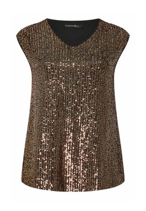 Bronzefarbenes ärmelloses Top mit V-Ausschnitt, versehen mit vertikalen Pailletten für Struktur und Glanz, die sich von einem einfarbigen schwarzen Halsausschnitt abheben.