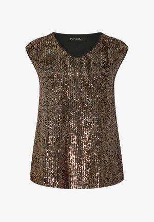 Haut sans manches en bronze avec un décolleté en V, orné de sequins verticaux pour ajouter de la texture et de la brillance, contrastant avec un col noir uni.