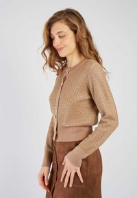 Beżowy kardigan dzianinowy z teksturowanym wzorem w diamenty, okrągłym dekoltem i złotymi guzikami. Długie rękawy z dopasowanymi mankietami. Zestawiony z brąską spódnicą.