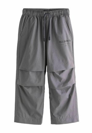 Gray elastic waist pants with drawstring, side pockets, and "ALLSAINTS" branding on the right thigh, featuring a relaxed, layered design.