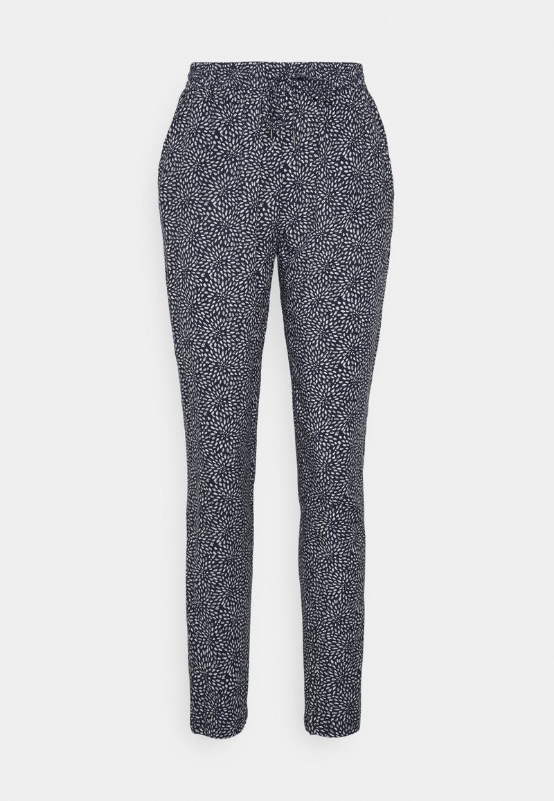 Pantalon bleu marine avec un motif abstrait moucheté blanc, taille élastique et coupe fuselée.
