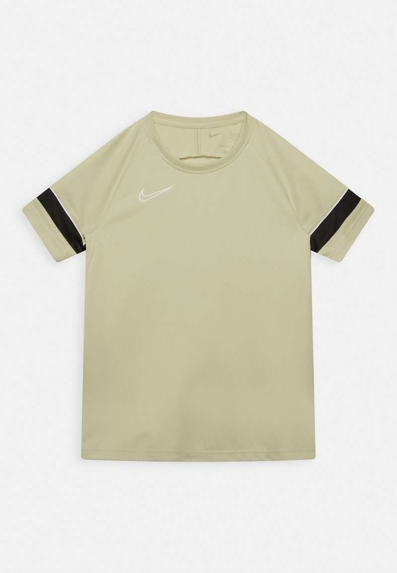 Jasnooliwkowa koszulka Nike z krótkim rękawem, z czarnym paskiem na rękawach i białym logo na klatce piersiowej. Gładka tekstura.