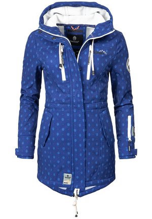 Blue waterproof jacket with a shell pattern, adjustable hood, zippered pockets, and white accents. Features a drawstring waist and cuffs.