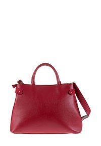 Rode leren handtas met twee handvatten en een afneembare schouderband, met een gestructureerd oppervlak en gouden hardware.