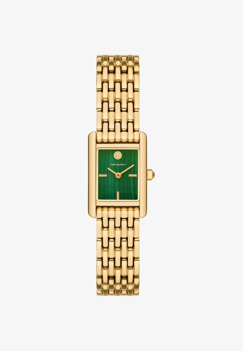 Guldarmbåndsur med en rektangulær grøn urskive, minimale guldbelægte markører og Tory Burch-logo ved kl. 12.