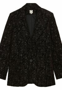 Blazer en velours noir avec un motif floral, orné de sequins. Doté d'un revers cranté, de deux boutons et d'une fente simple au dos.