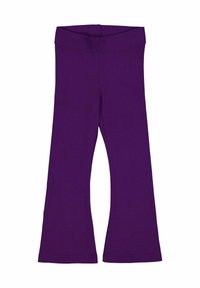 Leggings in cotone viola con una forma svasata in fondo, dotati di una vita elasticizzata e di una texture liscia. Adatti per un abbigliamento casual.