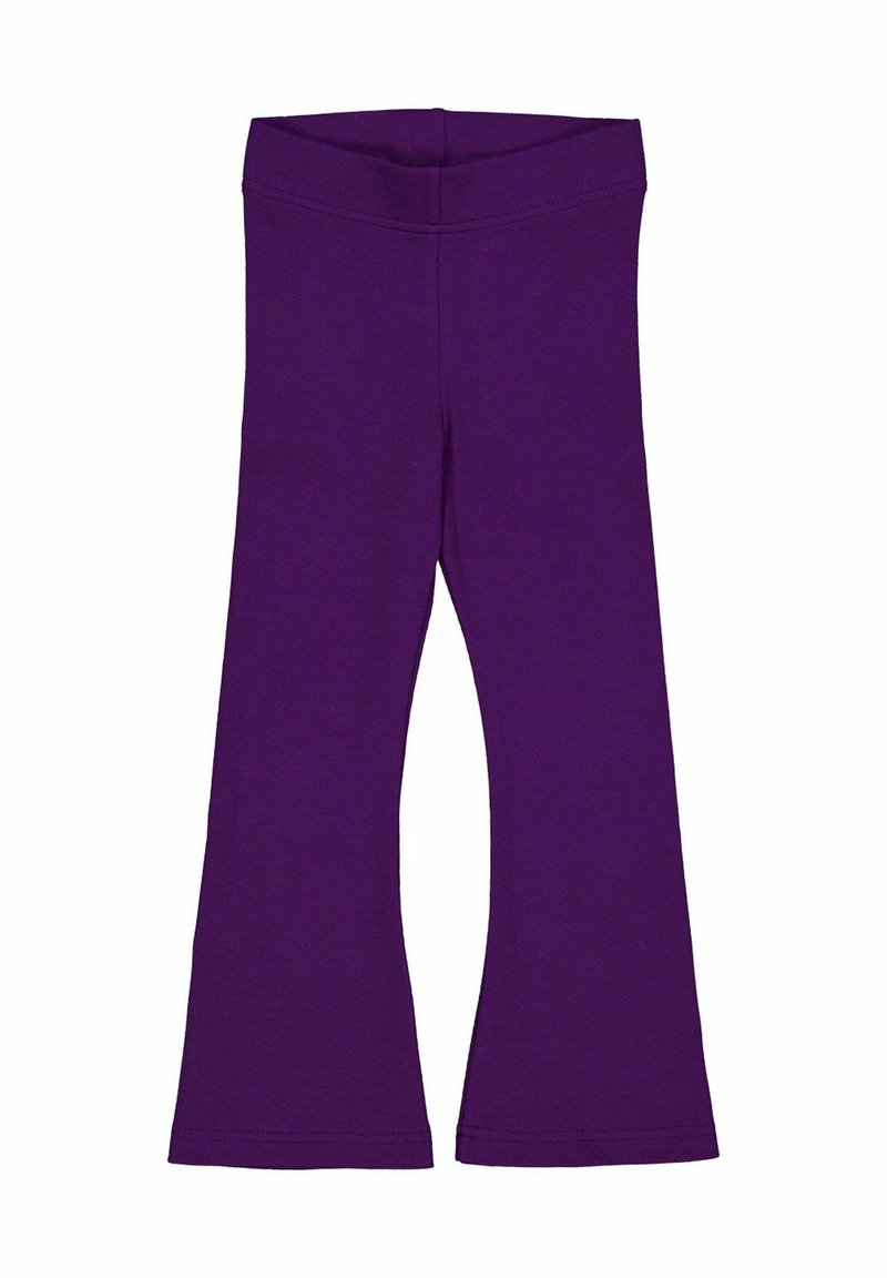 Leggings in cotone viola con una forma svasata in fondo, dotati di una vita elasticizzata e di una texture liscia. Adatti per un abbigliamento casual.