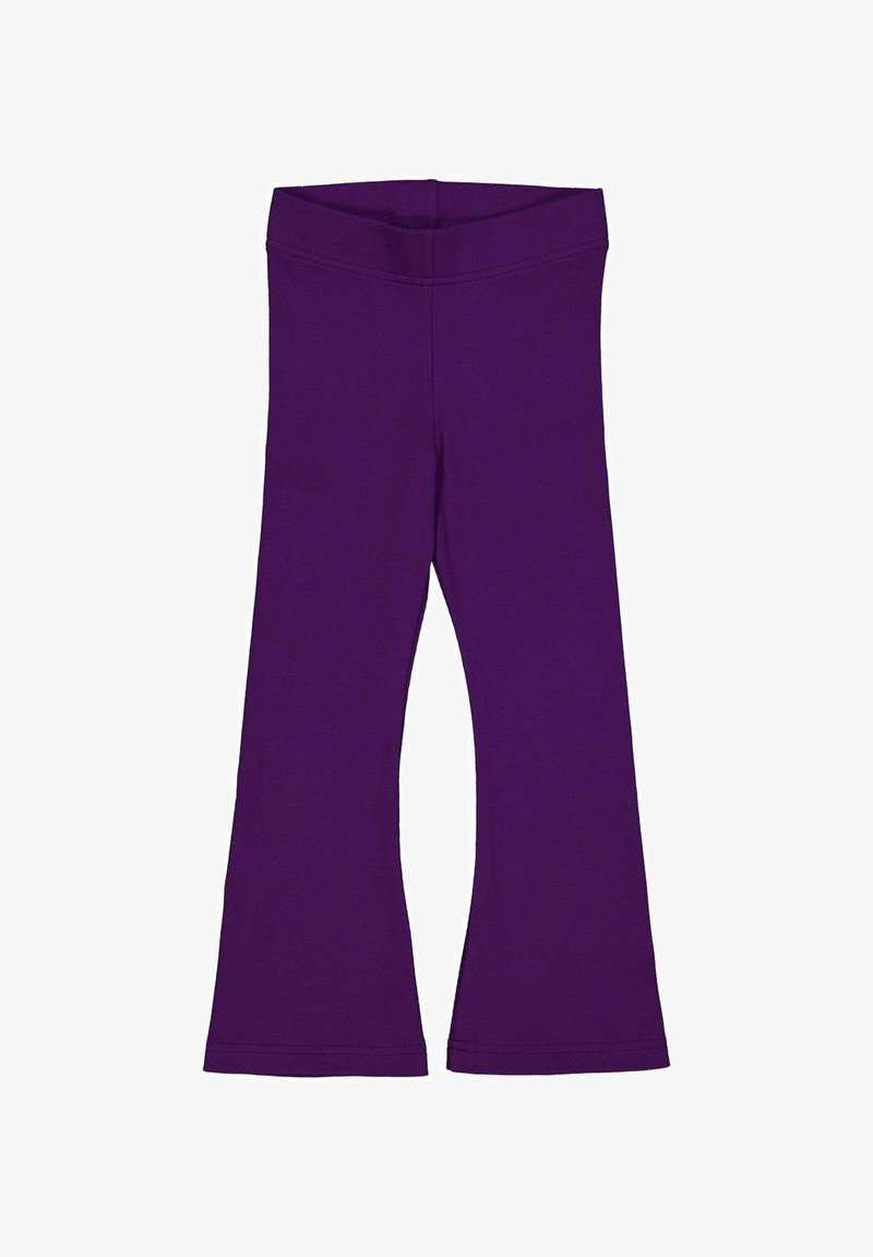 Leggings in cotone viola con una forma svasata in fondo, dotati di una vita elasticizzata e di una texture liscia. Adatti per un abbigliamento casual.