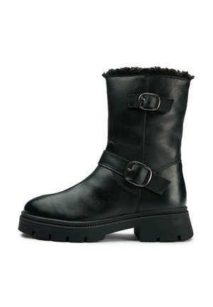Black leather ankle boot with two silver buckles, textured upper, padded collar, chunky sole, and rugged tread for traction.