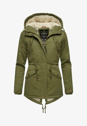 Olivnozeleni jopič z umetnim krznom, nastavljivim pasom z vrvico, velikimi sprednjimi žepi in kapuco. Ima bronaste kovinske dodatke.