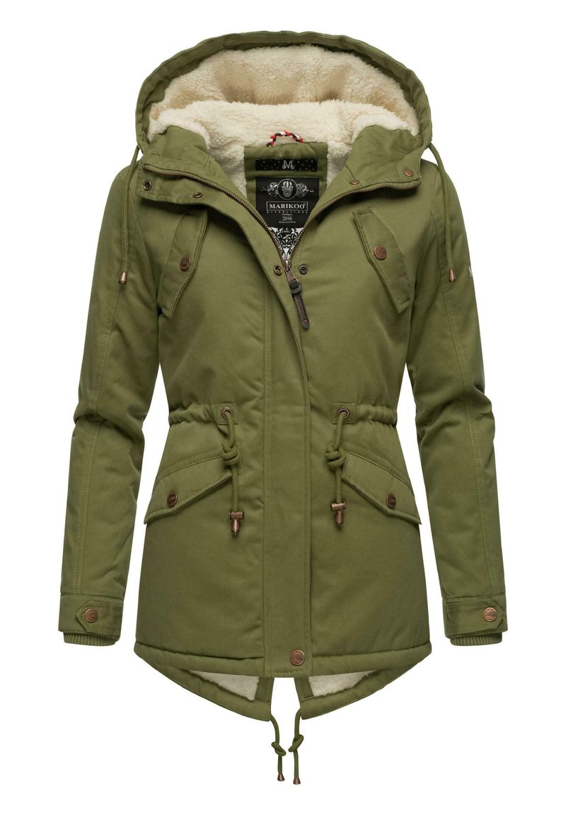 Olive green jacket with faux fur lining, adjustable drawstring waist, large front pockets, and a hood. Features bronze hardware accents.