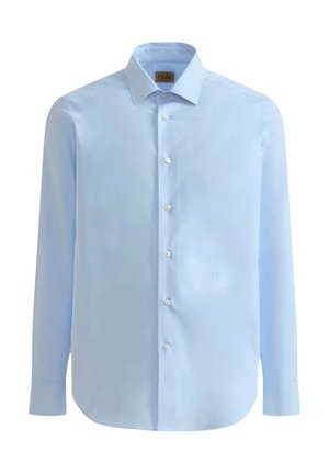 Camicia azzurra a maniche lunghe con colletto classico, chiusura frontale a bottoni e orlo curvo. Realizzata in tessuto liscio con una leggera lucentezza.