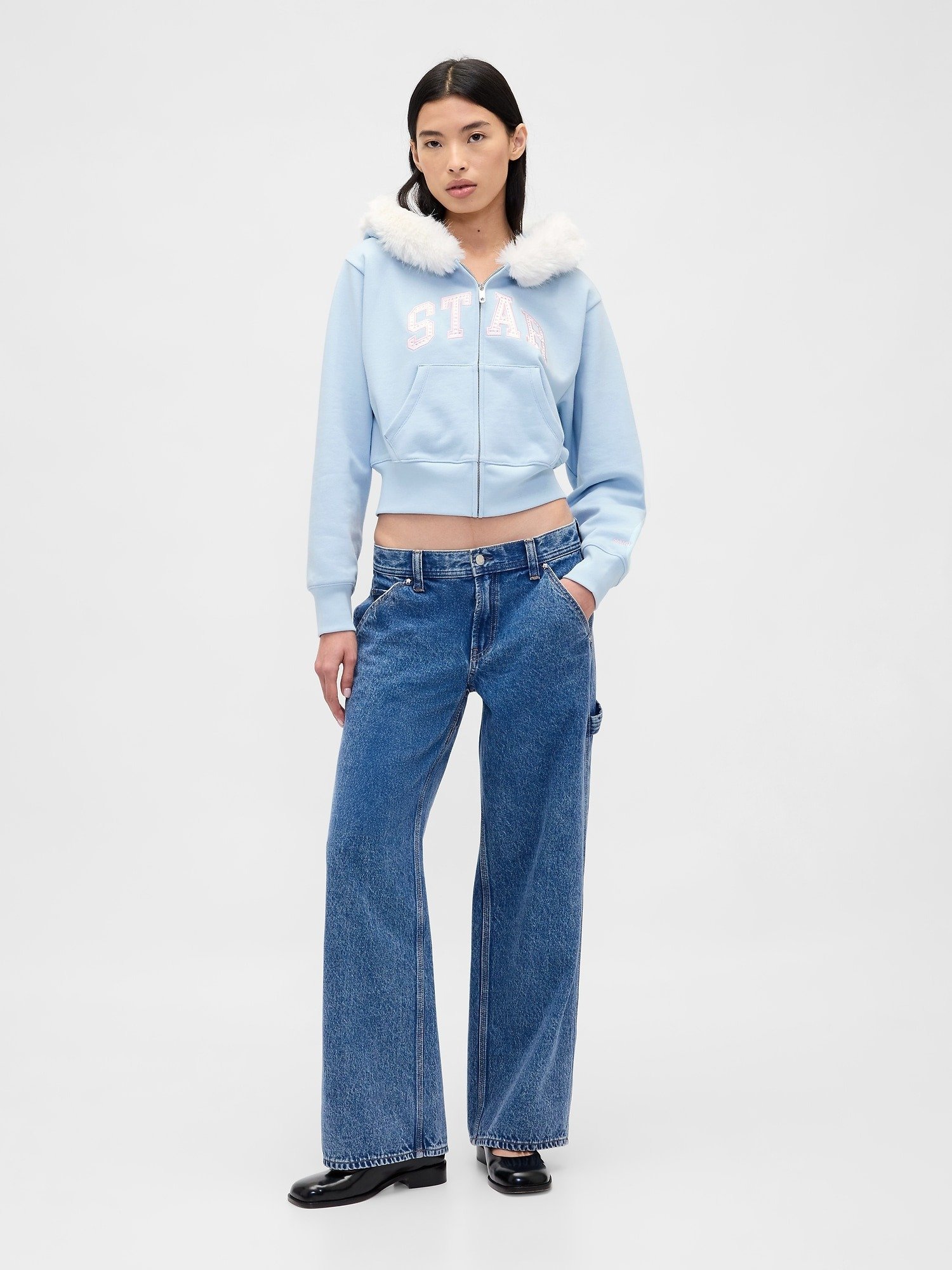 GAP GAP SANDY LIANG VEGAN FUR-TRIM CROP ZIP HOODIE - Zip-up