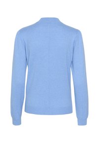 Ljust blå stickad cardigan med långa ärmar, rundad halsringning, ribbade manschetter och nederkant, med en mittsöm detalj på baksidan.