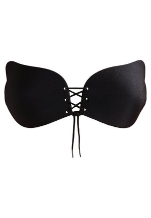 Fekete bandeau melltartó sima textúrával, fűzős elülső dizájnnal, széles oldalakkal és állítható kötésekkel a középen a biztonságos illeszkedés érdekében.