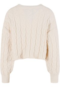 Cream cable-knit sweater with a cropped design, wide sleeves, and ribbed cuffs. Textured pattern and soft finish throughout.