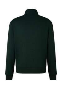 Mørkegrøn langærmet sweatshirt med ribbede manchetter, krave og søm, vist fra ryggen på en hvid baggrund.