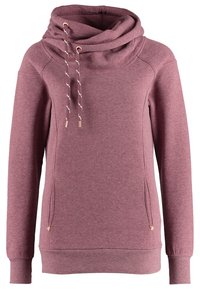 Sweat mauve à manches longues avec col montant à capuche, double cordon de serrage, poignets côtelés et poches avant latérales zippées.