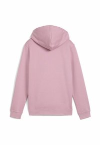 Rosa Baumwollkapuzenpullover mit einer eng anliegenden Kapuze, langen Ärmeln und gerippten Bündchen. Der Rücken ist schlicht und weist keine zusätzlichen Details oder Muster auf.