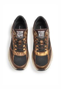 Pronssinväriset ja mustat lenkkarit, joissa on verkko- ja nahkamateriaaleja. Pyöreä kärki, paksu pohja ja heijastava logo kengännauhoissa. Mustat kengännauhat.