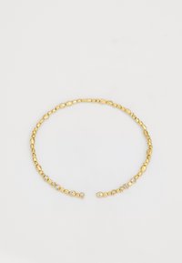 Collier ras du cou en or avec des perles ovales variées, texture lisse et accents de pierres précieuses claires dispersées pour un détail supplémentaire, le tout sur un design circulaire uniforme.