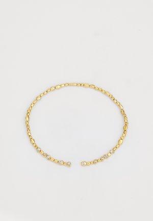 Collier ras du cou en or avec des perles ovales variées, texture lisse et accents de pierres précieuses claires dispersées pour un détail supplémentaire, le tout sur un design circulaire uniforme.