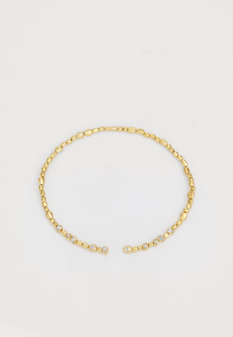Collier ras du cou en or avec des perles ovales variées, texture lisse et accents de pierres précieuses claires dispersées pour un détail supplémentaire, le tout sur un design circulaire uniforme.
