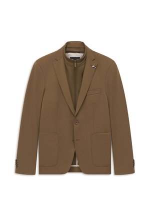 Brauner Herrenblazer mit Kerb-Revers, zwei aufgesetzten Fronttaschen, Brusttasche, Knopfverschluss und einer inneren Reißverschluss-Schicht.