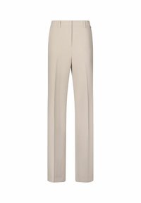 Pantalon beige droit avec passants de ceinture et plis devant, présenté sur fond blanc.