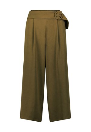 Olive-green wide-leg pants with a textured finish, featuring a wide waistband and a circular accent detail. Pleated design enhances volume.