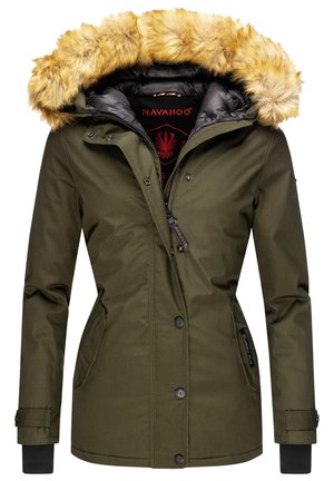 Olive green parka with faux fur-lined hood, zip and button closure, two side pockets, and ribbed cuffs. Interior features black lining.