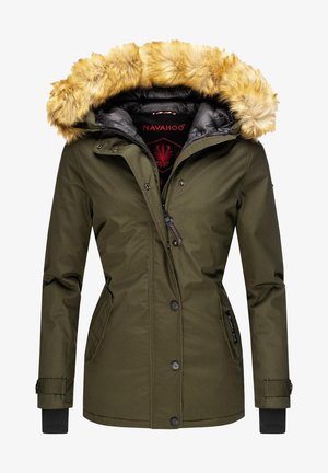 Olive green parka with faux fur-lined hood, zip and button closure, two side pockets, and ribbed cuffs. Interior features black lining.