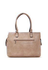 Borsa in ecopelle beige con textura liscia, dotata di manici doppi, tasca frontale con zip e dettagli neri lungo i bordi.