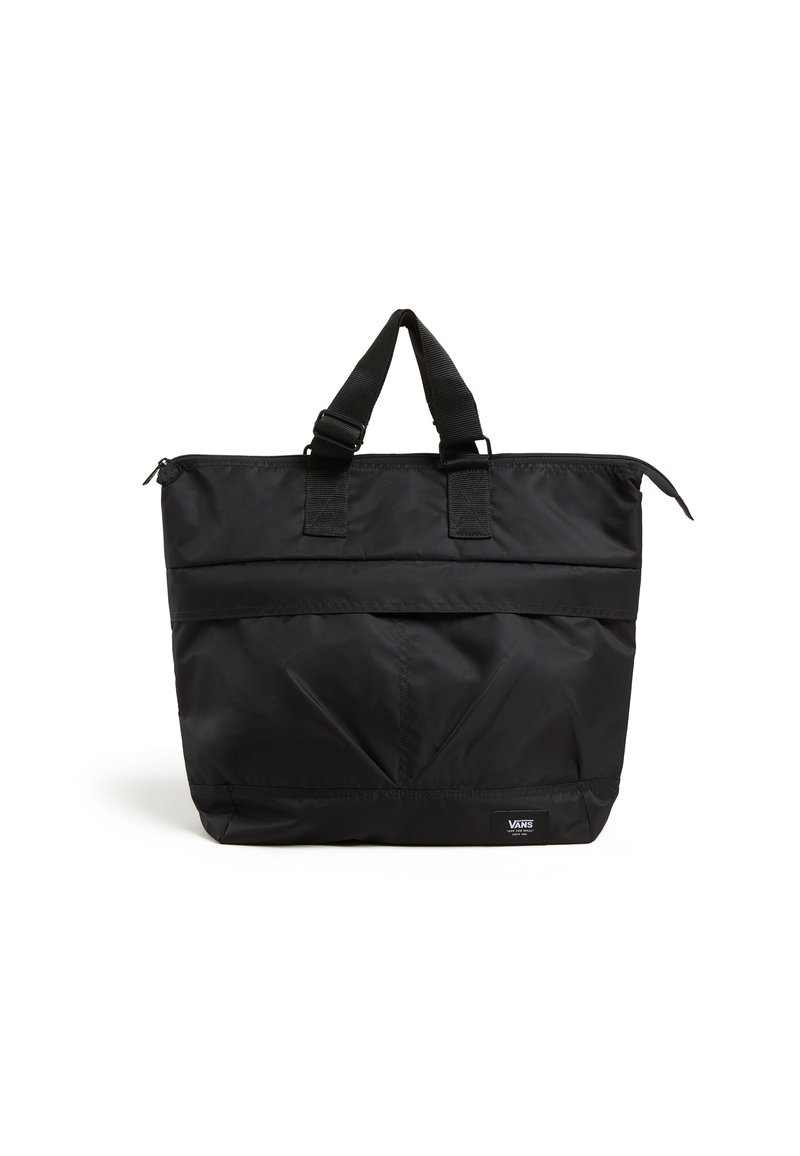 Sac fourre-tout en nylon noir avec doubles poignées supérieures, fermeture éclair et poche avant. Il présente une texture lisse et le logo Vans sur le côté.