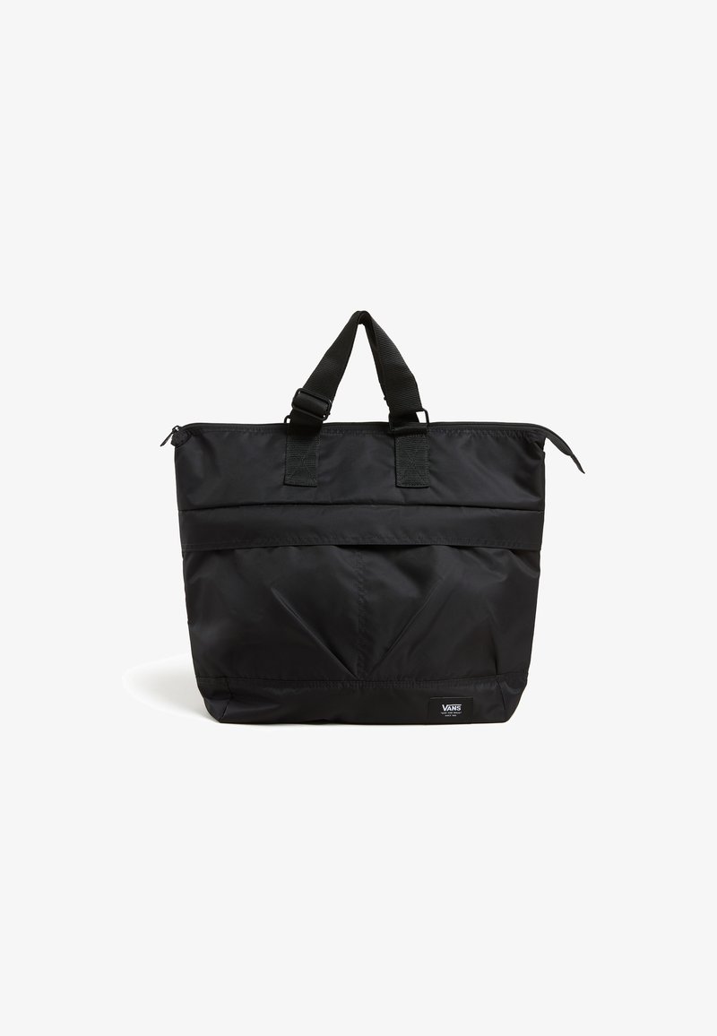 Sac fourre-tout en nylon noir avec doubles poignées supérieures, fermeture éclair et poche avant. Il présente une texture lisse et le logo Vans sur le côté.
