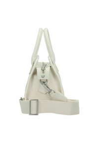 Borsa in ecopelle bianca con due manici corti, una tracolla removibile, hardware in argento e chiusura con zip. Design compatto e strutturato.